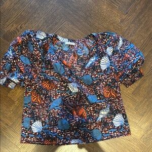 Ulla Johnson Ruched Crop Blouse in Blue and Orange